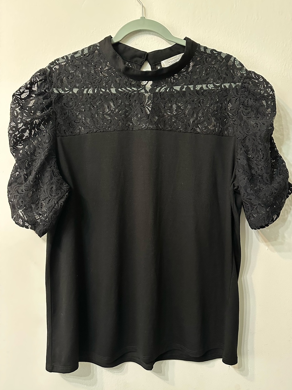 Shannon Ford New York Blouse 1X Black Lace Top Puff Sleeve Mock Neck Plus Size